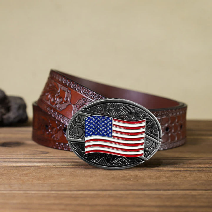 Cinturón de cuero con cuchillo plegable oculto con bandera estadounidense para hombre
