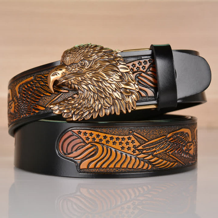 Cinturón de cuero con hebilla automática y cabeza de águila intrincada para hombre