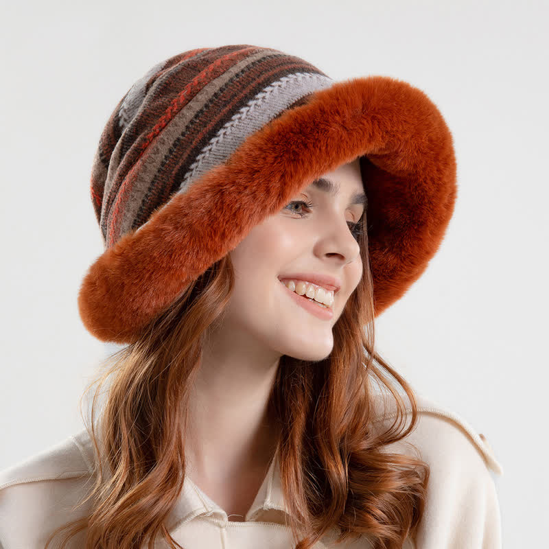 Sombrero de pescador con ala de felpa cálida y rayas para mujer