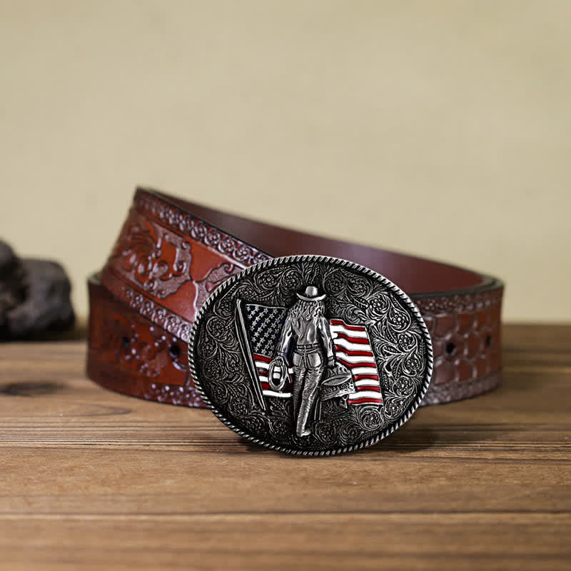 Cinturón de cuero con hebilla de bandera estadounidense de vaquero para hombre hecho a mano
