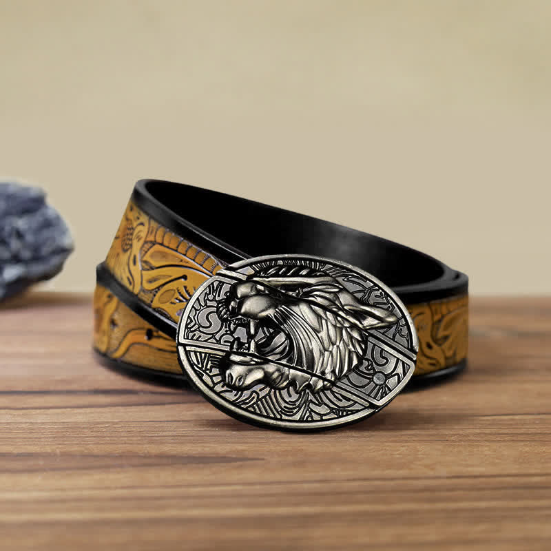 Cinturón de cuero con cuchillo plegable oculto Roaring Tiger para hombre