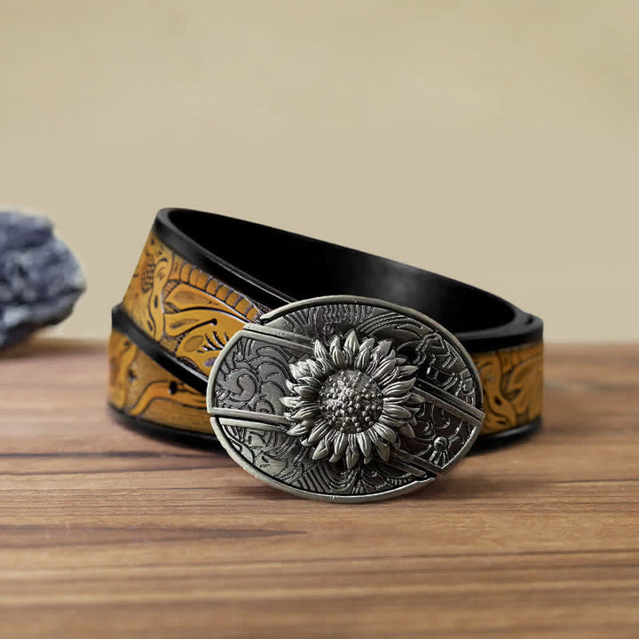Cinturón de cuero con cuchillo plegable oculto de girasol para hombre