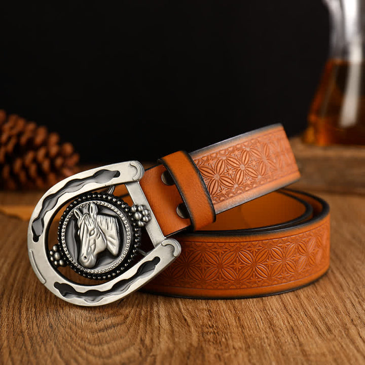 Cinturón de cuero estilo occidental con forma de herradura retro para hombre