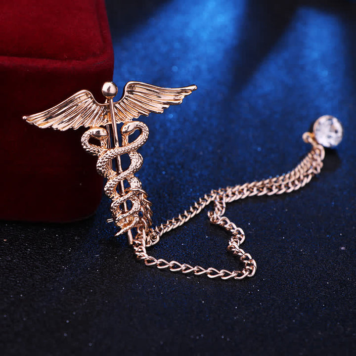 Broche de cadena con serpientes dobles y caduceo para hombre
