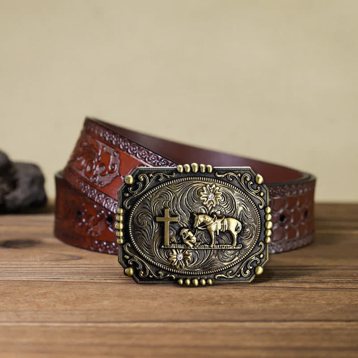 Cinturón de cuero con hebilla de oración de rodillas con cruz de caballo para hombre hecho a mano