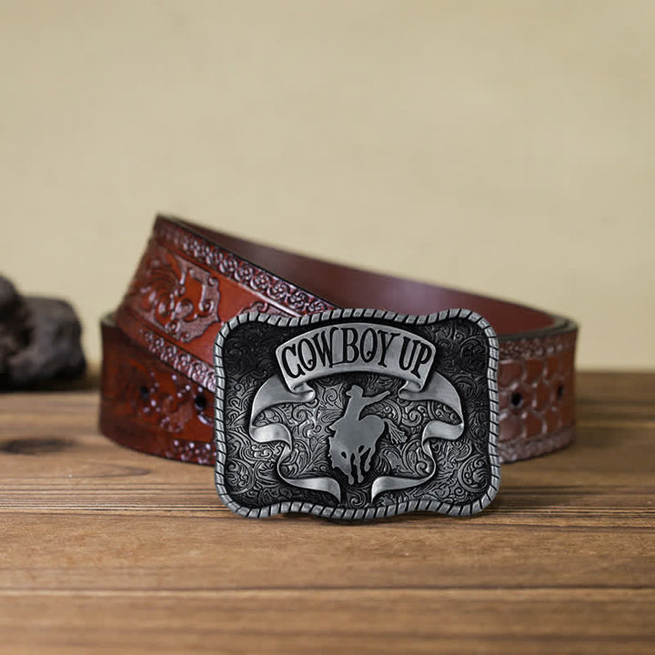 Cinturón de cuero con hebilla de caballo de rodeo para hombre, hecho a mano, con diseño de vaquero