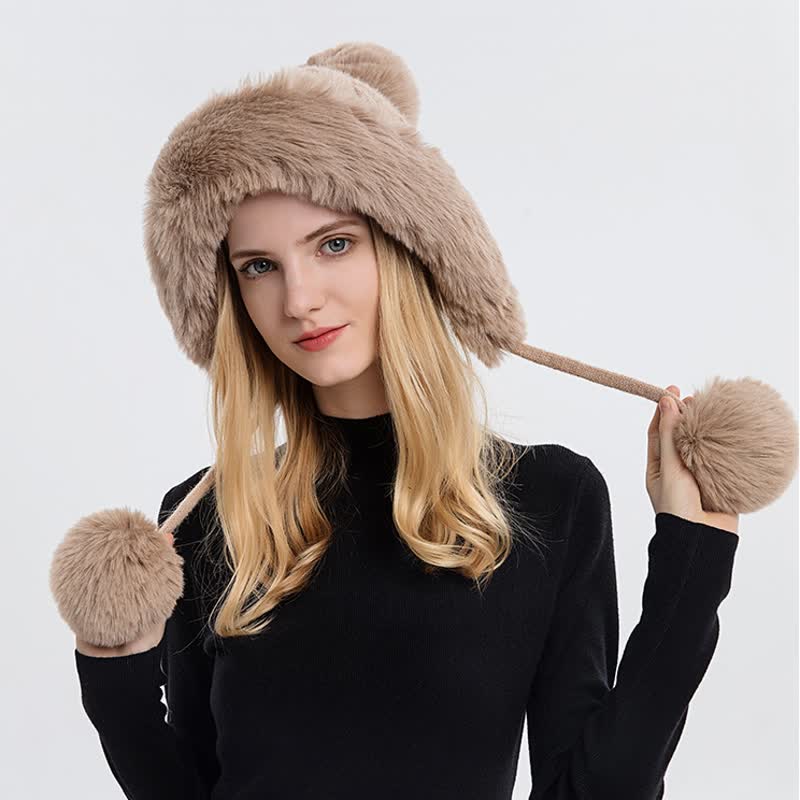 Gorro de punto grueso y cálido con tres pompones para mujer - Caqui - Ajustable (21 5/8"-23 5/8") - image 11