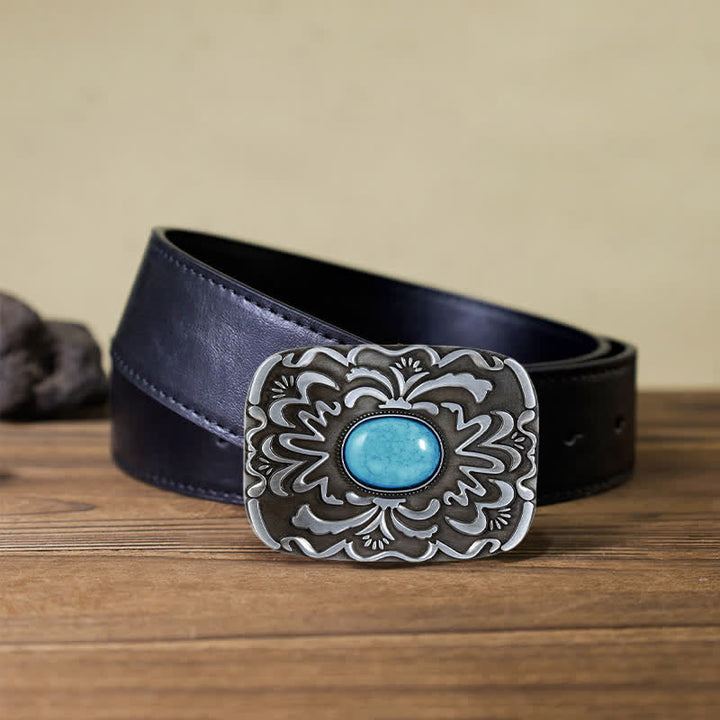 Cinturón de cuero con hebilla de flor de piedra turquesa para hombre hecho a mano