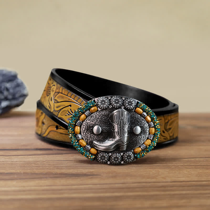 Cinturón de cuero con hebilla para botas de hombre, con cuentas de madera y diamantes de imitación, hecho a mano