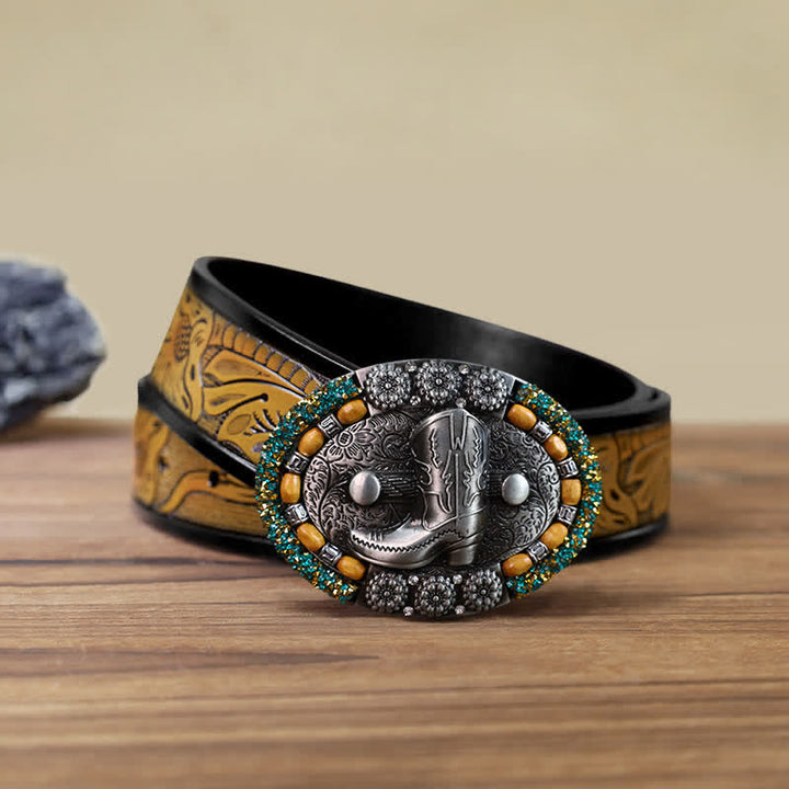 Cinturón de cuero con hebilla para botas de hombre, con cuentas de madera y diamantes de imitación, hecho a mano