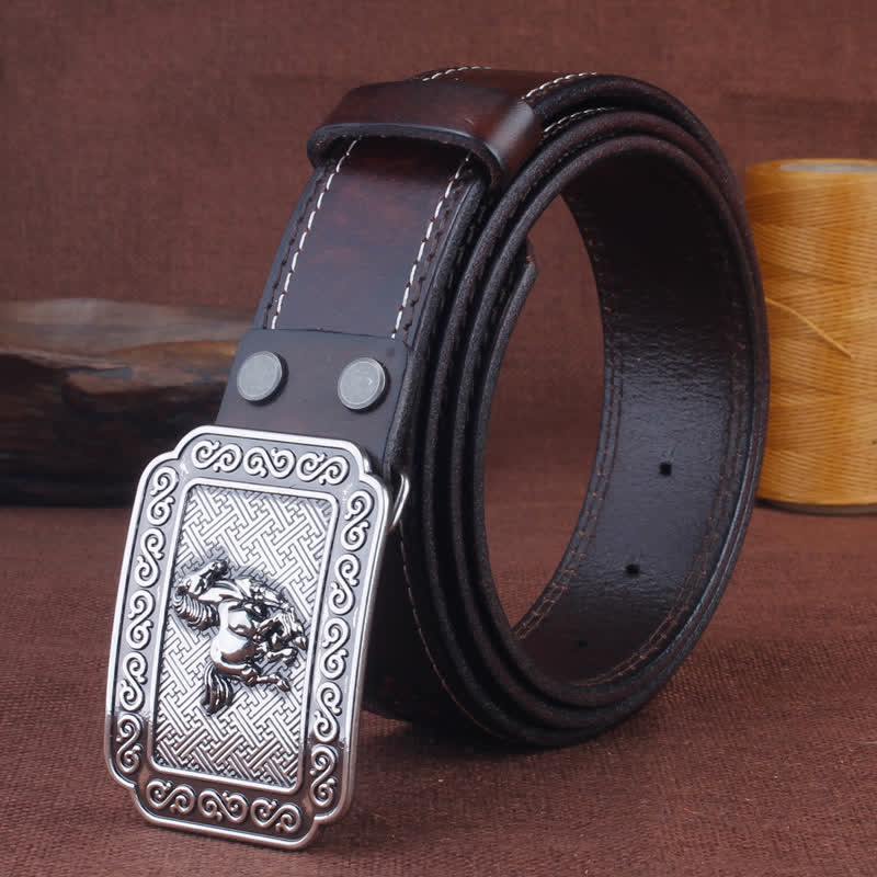 Cinturón de cuero de caballo plateado estilo vaquero étnico para hombre