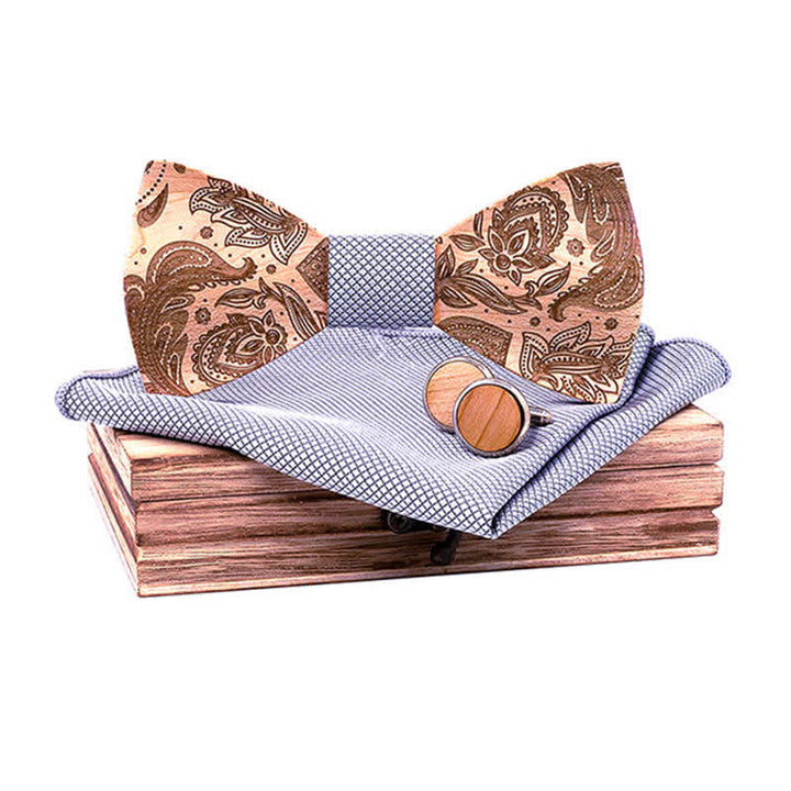 Juego de 3 pajaritas de madera con diseño de cachemira tallada para hombre.