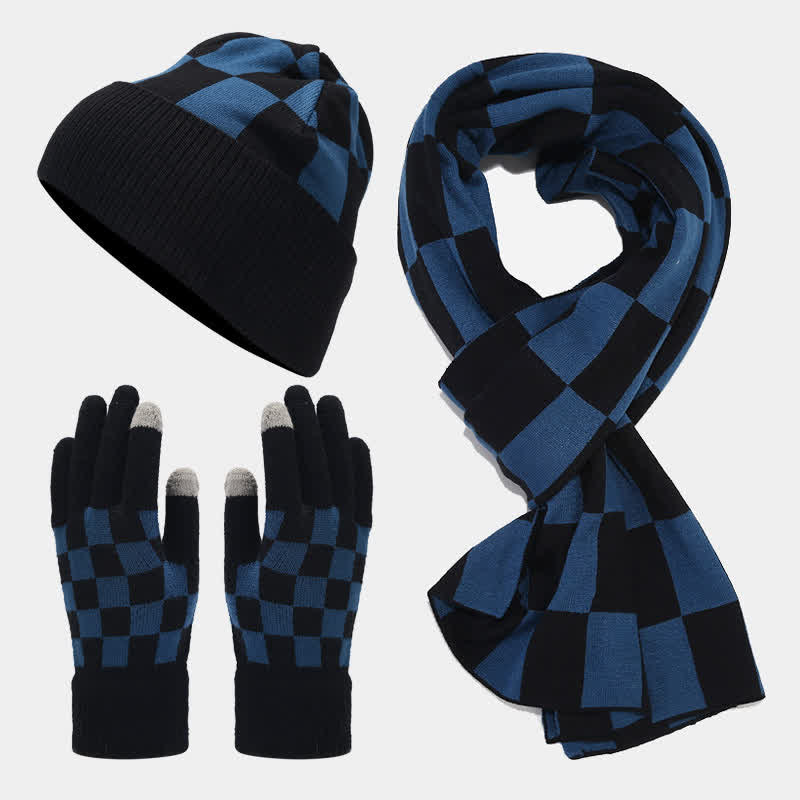 Conjunto de 3 guantes y gorro unisex a cuadros con bufanda