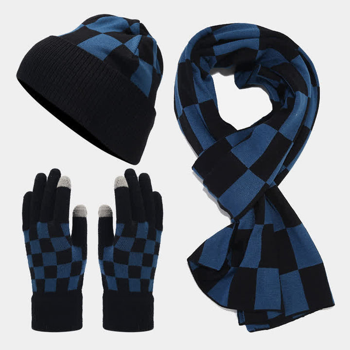 Conjunto de 3 guantes y gorro unisex a cuadros con bufanda