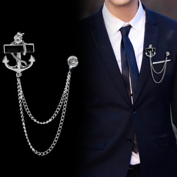 Broche de cadena con ancla y gemas negras para hombre