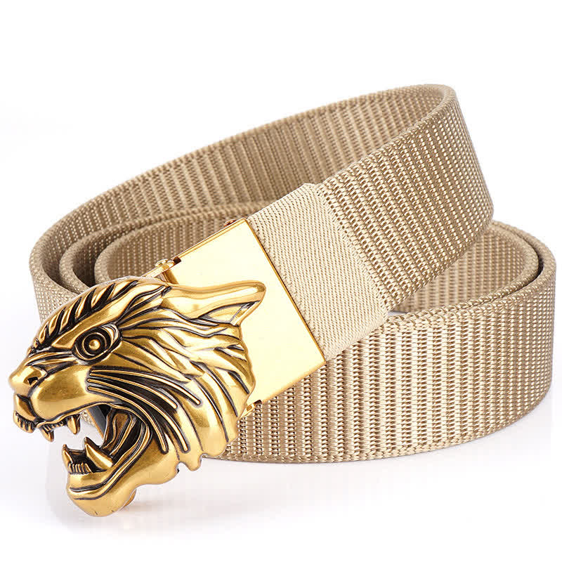 Cinturón de nailon con cabeza de tigre rugiente para hombre