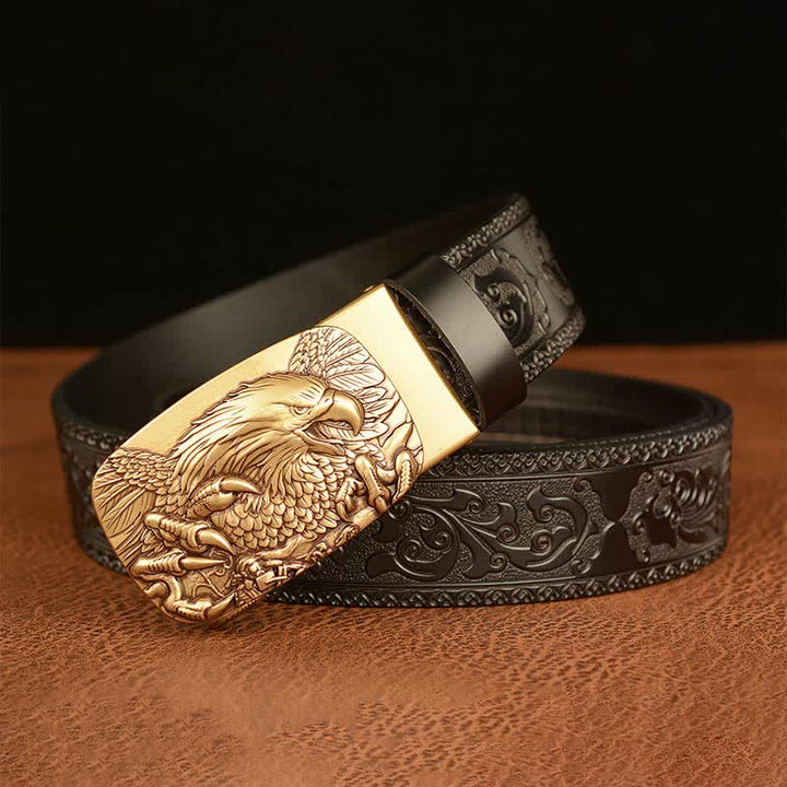 Cinturón de cuero genuino con relieve y hebilla de águila para hombre