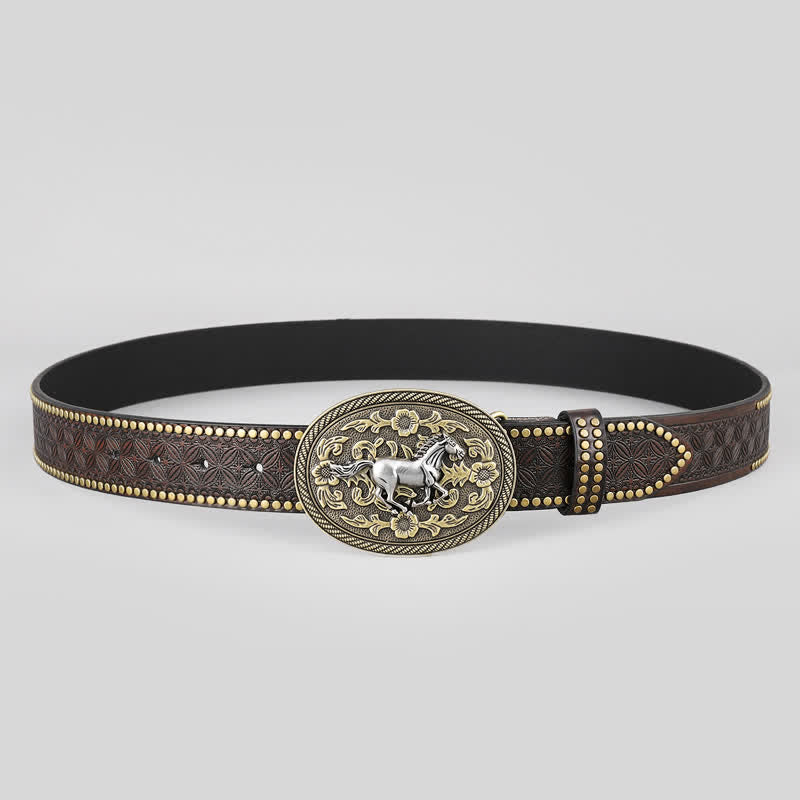 Cinturón de cuero con hebilla floral y diseño de caballo fuerte para hombre