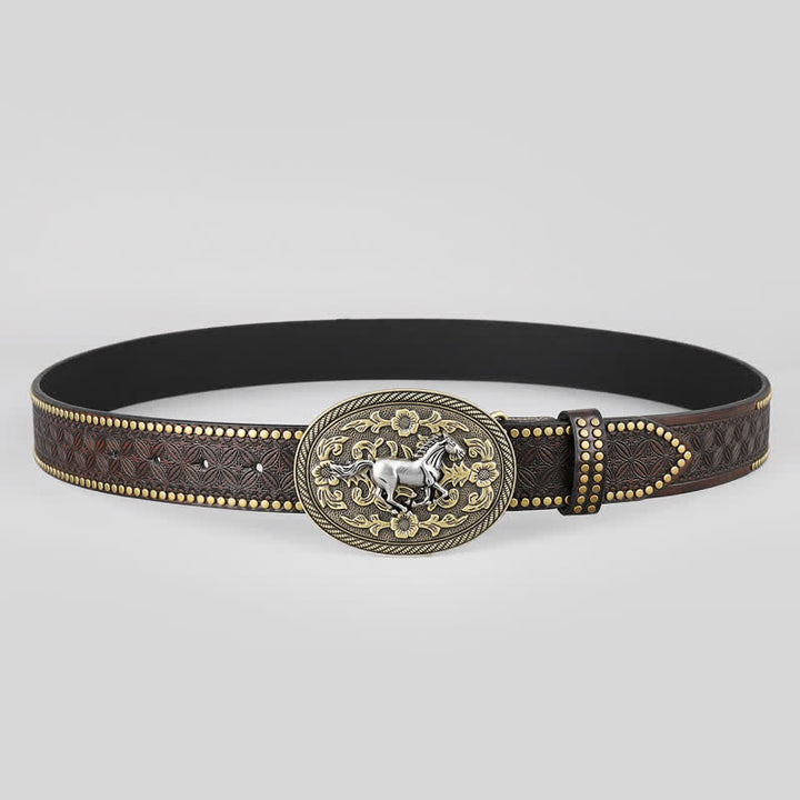 Cinturón de cuero con hebilla floral y diseño de caballo fuerte para hombre