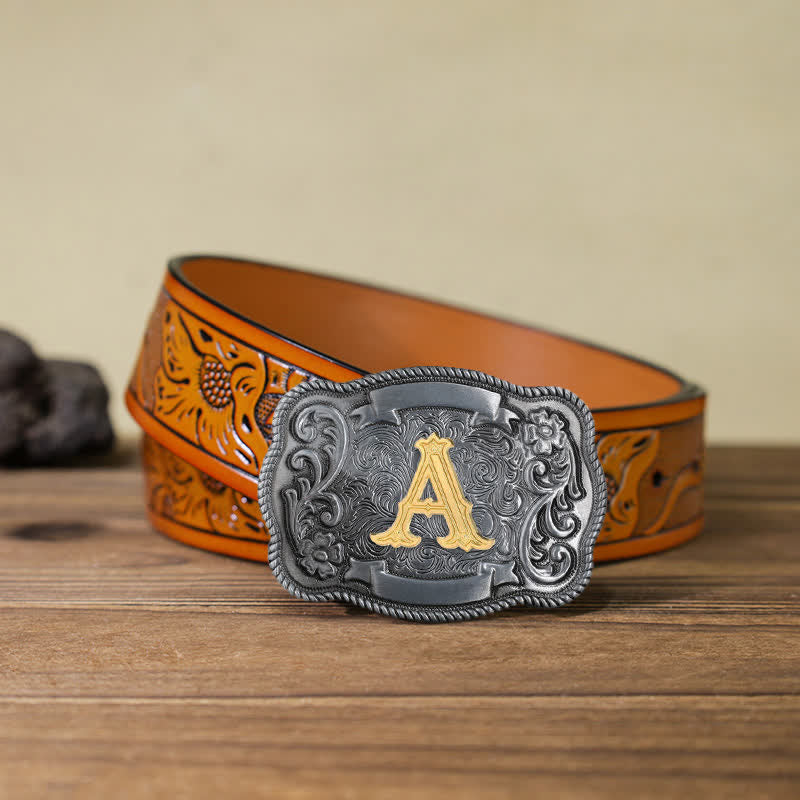 Cinturón de cuero con hebilla cuadrada y letra inicial retro para hombre