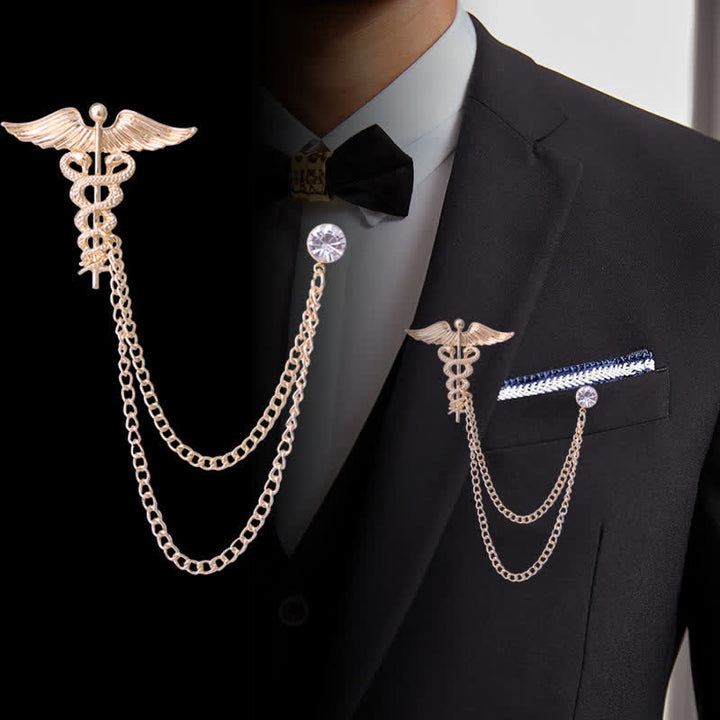 Broche de cadena con serpientes dobles y caduceo para hombre