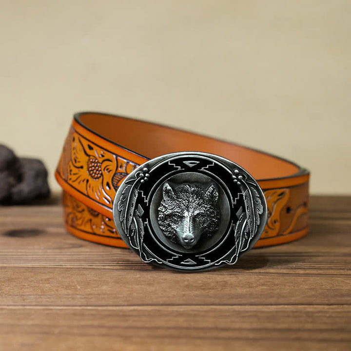 Cinturón de cuero con hebilla de cabeza de lobo vívida para hombre, hecho a mano