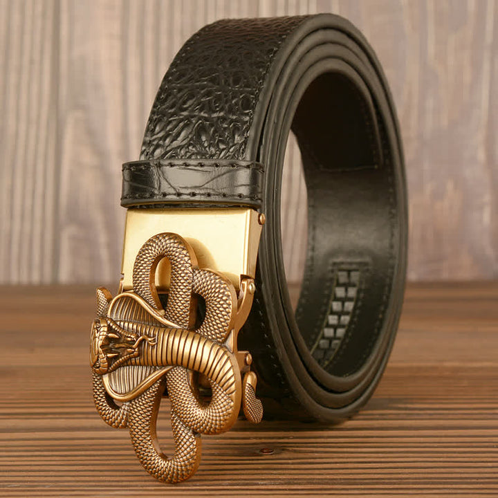 Cinturón de piel de cocodrilo con diseño de cobra rizada para hombre