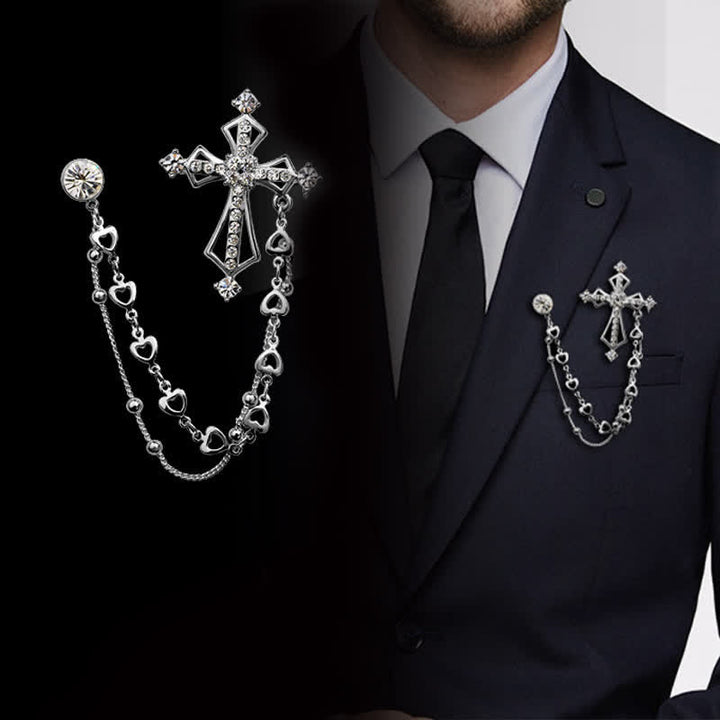 Broche de cruz con borlas nobles y diamantes de imitación para hombre