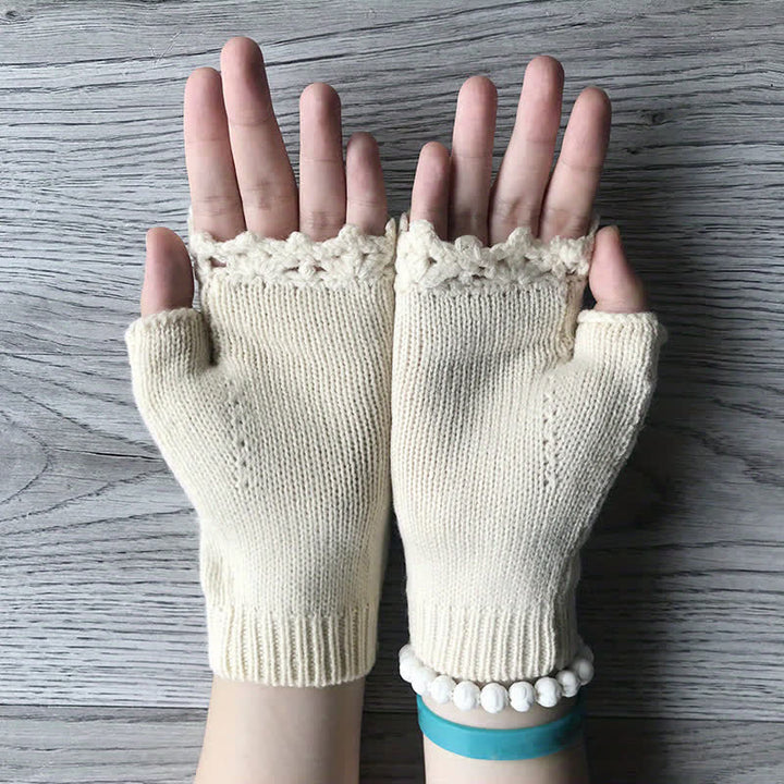 Guantes de punto de medio dedo con bordado de flores para mujer
