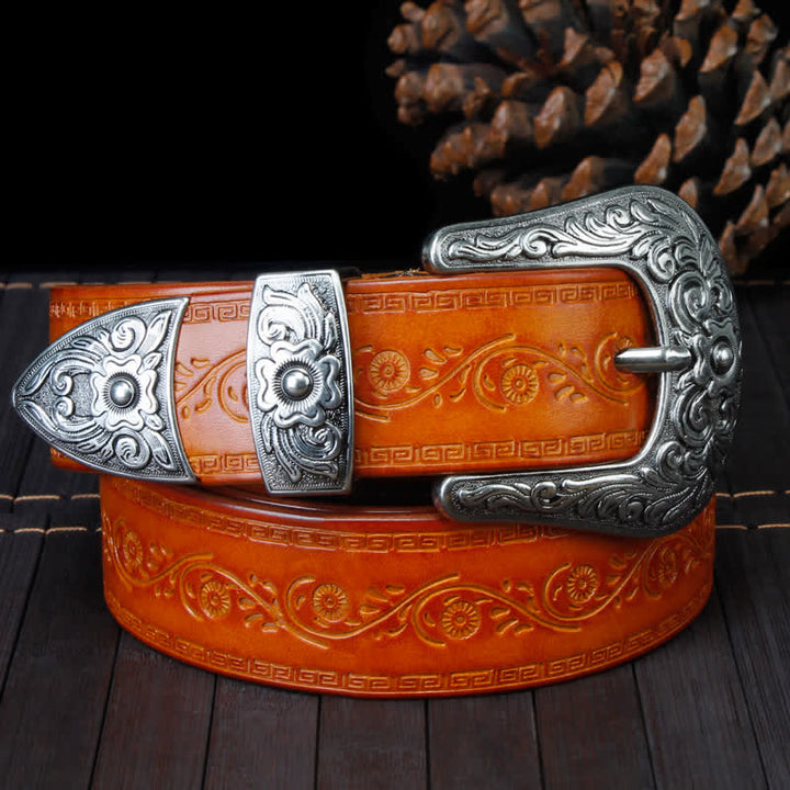 Cinturón unisex de piel con estampado de flores y textura rústica