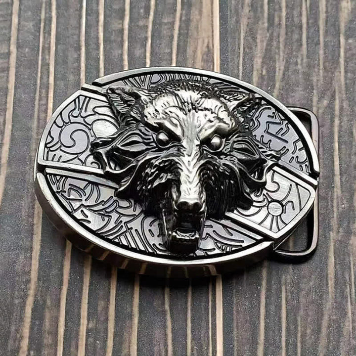 Cinturón de cuero con cuchillo plegable oculto con cabeza de lobo para hombre
