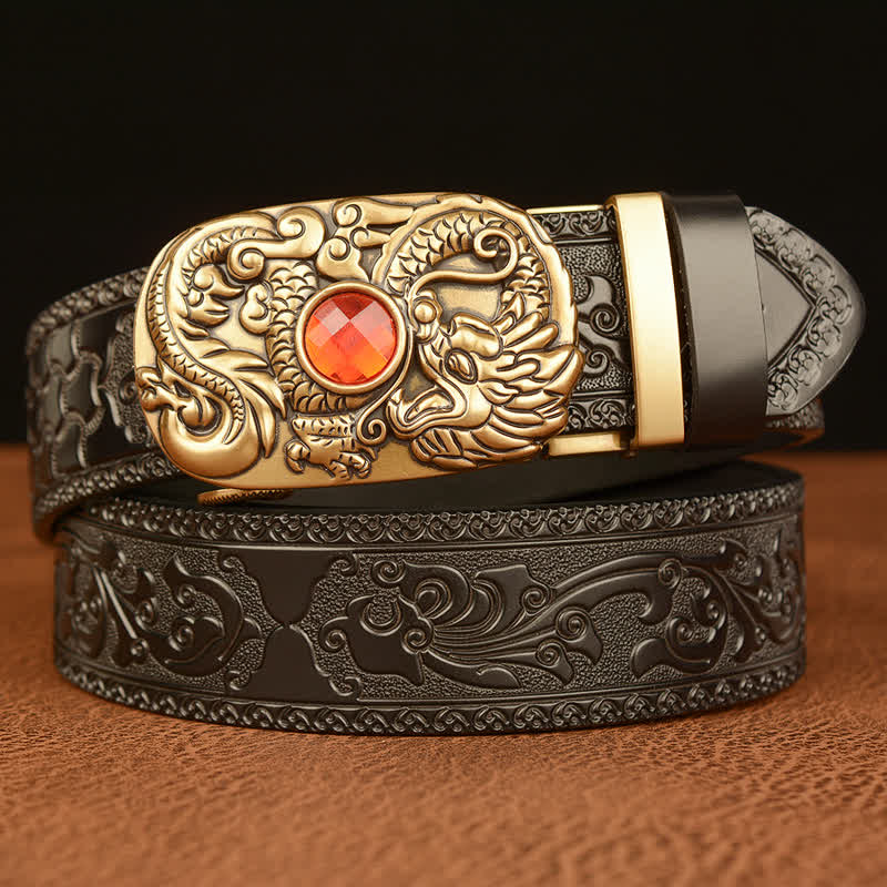 Cinturón de cuero con piedras preciosas y dragón grabado para hombre