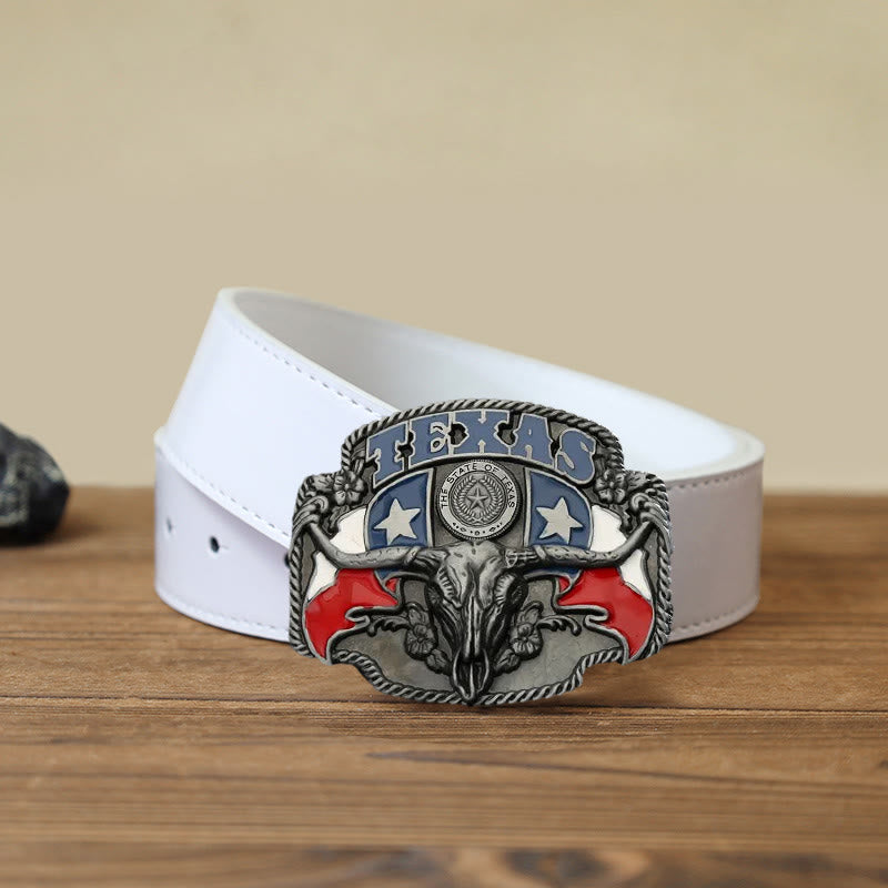 Cinturón de cuero con hebilla de toro Longhorn con bandera de Texas para hombre