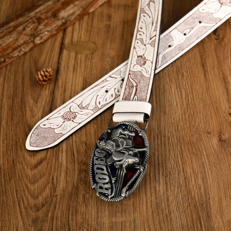 Cinturón de cuero blanco con relieve de toreo para hombre