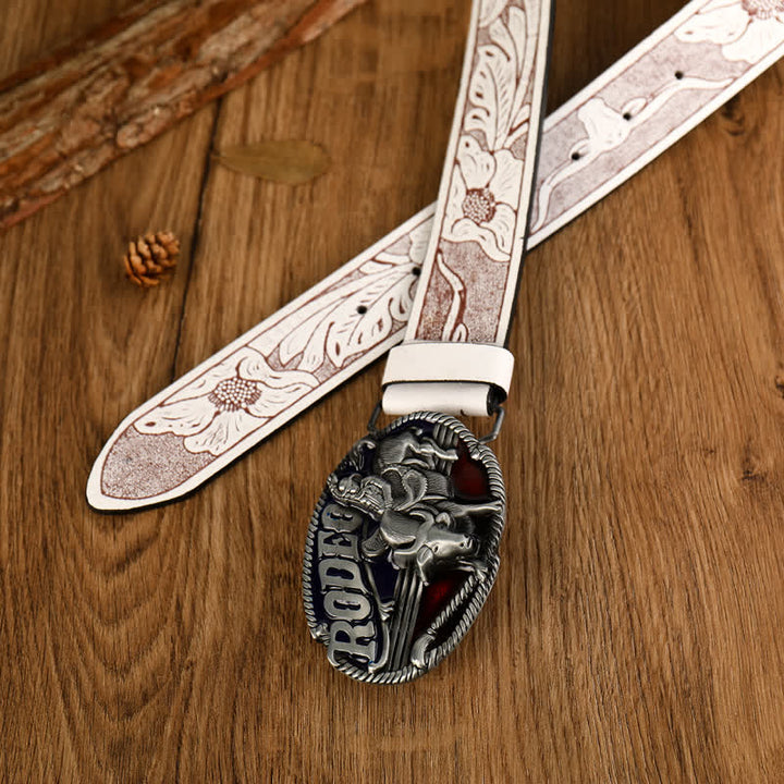 Cinturón de cuero blanco con relieve de toreo para hombre