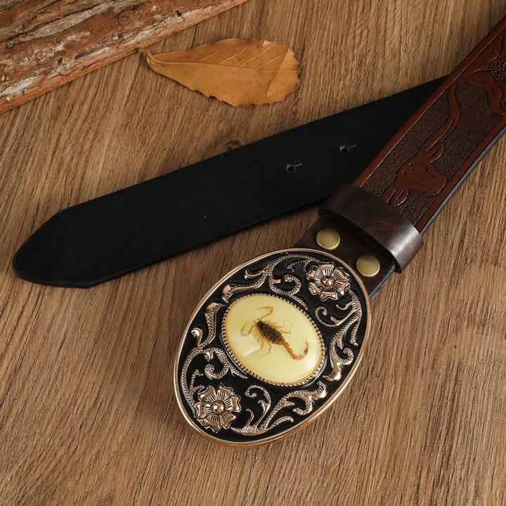 Cinturón de cuero con hebilla de flor de escorpión para hombre