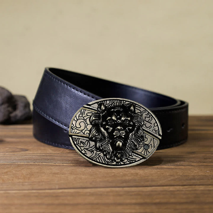 Cinturón de cuero con cuchillo plegable oculto con insignia de león para hombre