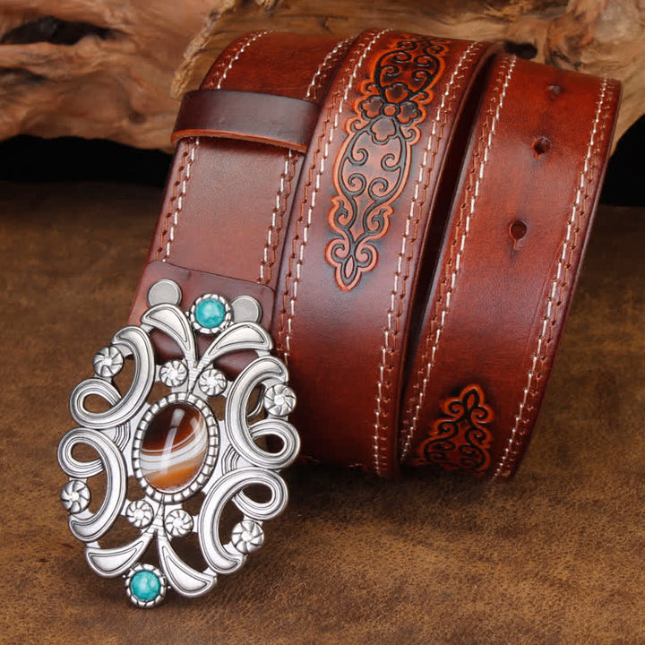 Cinturón unisex de cuero con flor hueca de color turquesa y piedra de ágata