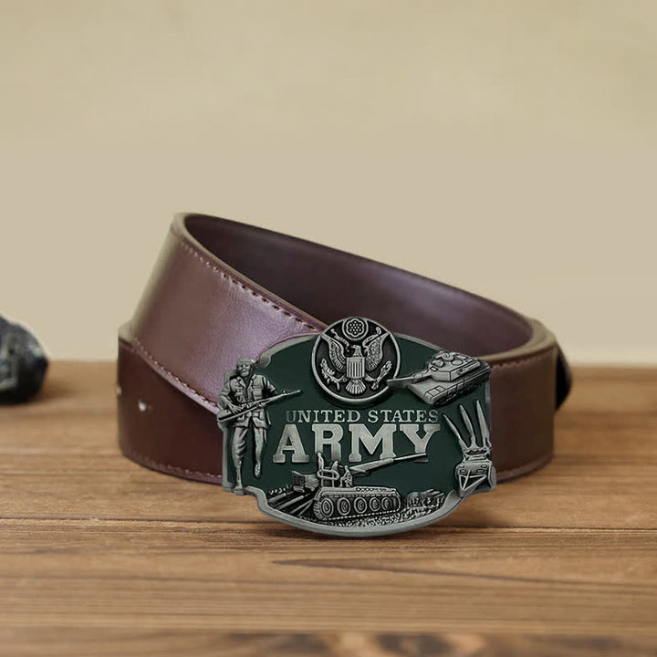 Cinturón de cuero con hebilla de tanque del ejército de los Estados Unidos para hombre, hecho a mano