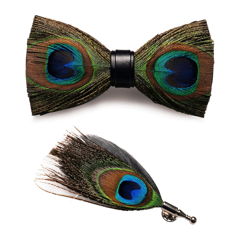 Pajarita de plumas de pavo real verde para niños con prendedor de solapa