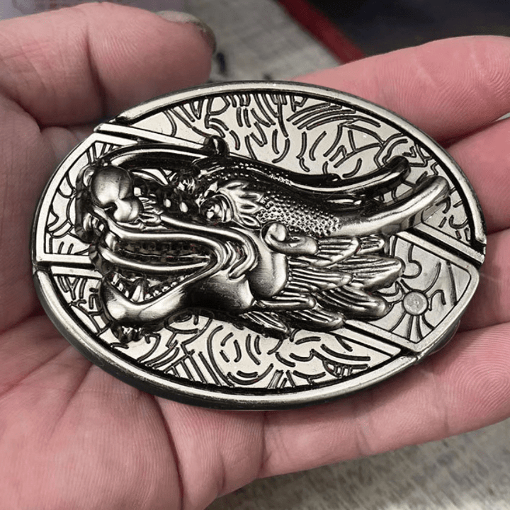 Cinturón de cuero con cuchillo plegable oculto con cabeza de dragón para hombre