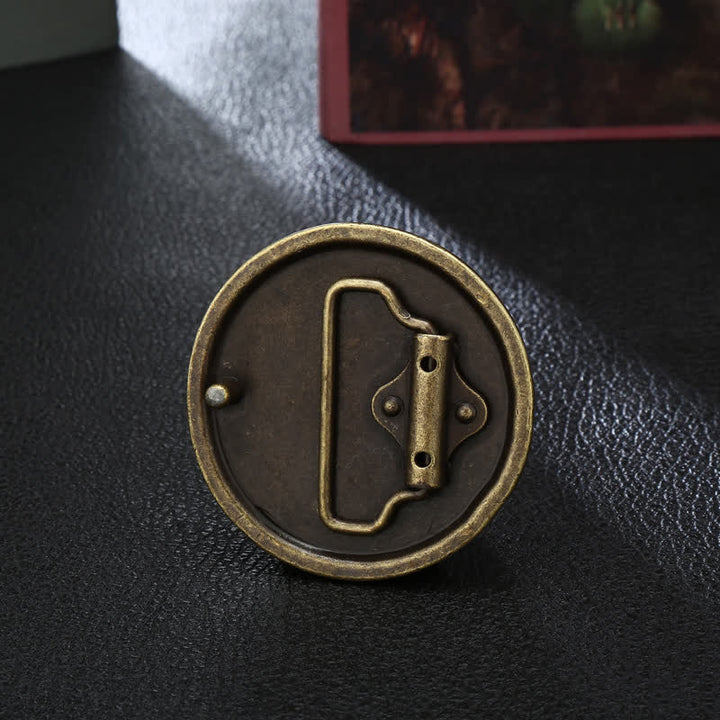 Cinturón de cuero con hebilla de bronce antiguo y diseño de unicornio místico para hombre