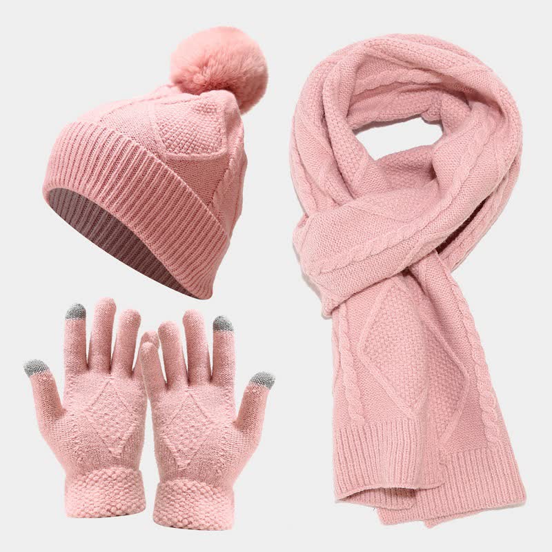 Conjunto de 3 gorros, bufandas y guantes con pompones de diamantes para mujer