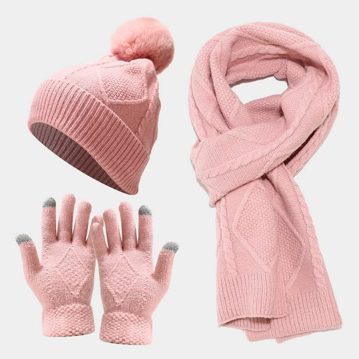 Conjunto de 3 gorros, bufandas y guantes con pompones de diamantes para mujer