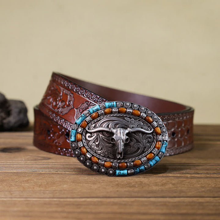 Cinturón de cuero con hebilla de toro y cuentas de madera turquesa para hombre hecho a mano