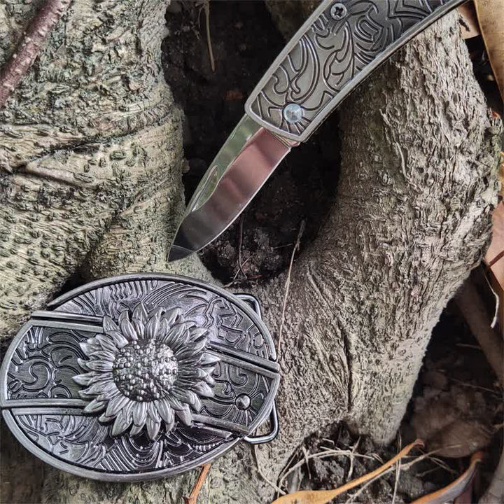 Cinturón de cuero con cuchillo plegable oculto de girasol para hombre