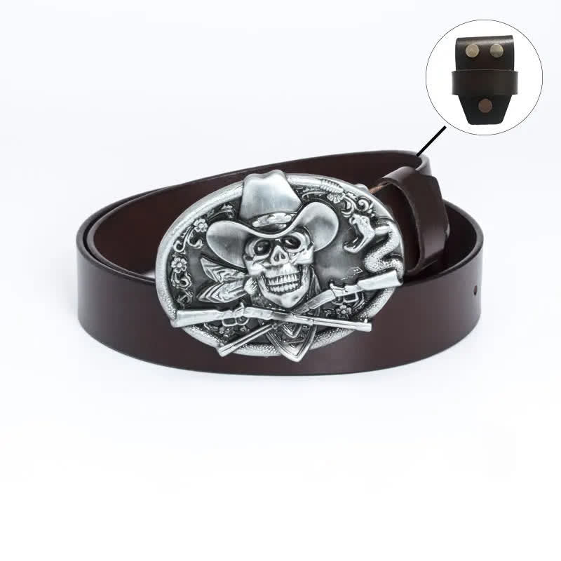 Cinturón de cuero con calavera pirata y pistolas cruzadas para hombre