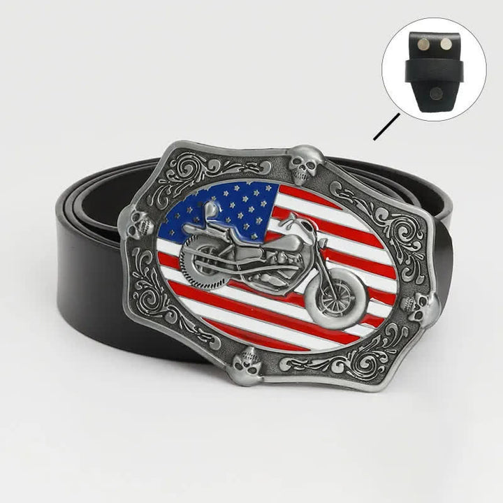 Cinturón de cuero con calavera y bandera estadounidense para hombre con diseño de motocicleta