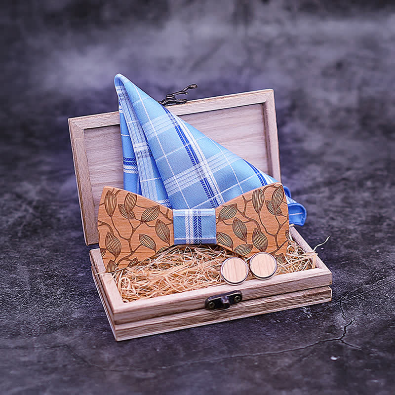 Juego de 3 pajaritas de madera con estampado de hojas para hombre