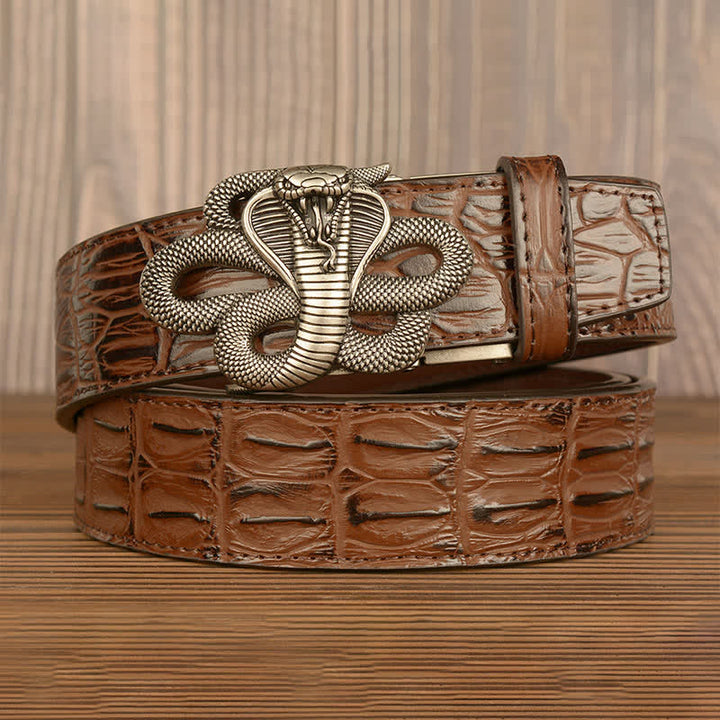 Cinturón de piel de cocodrilo con diseño de cobra rizada para hombre